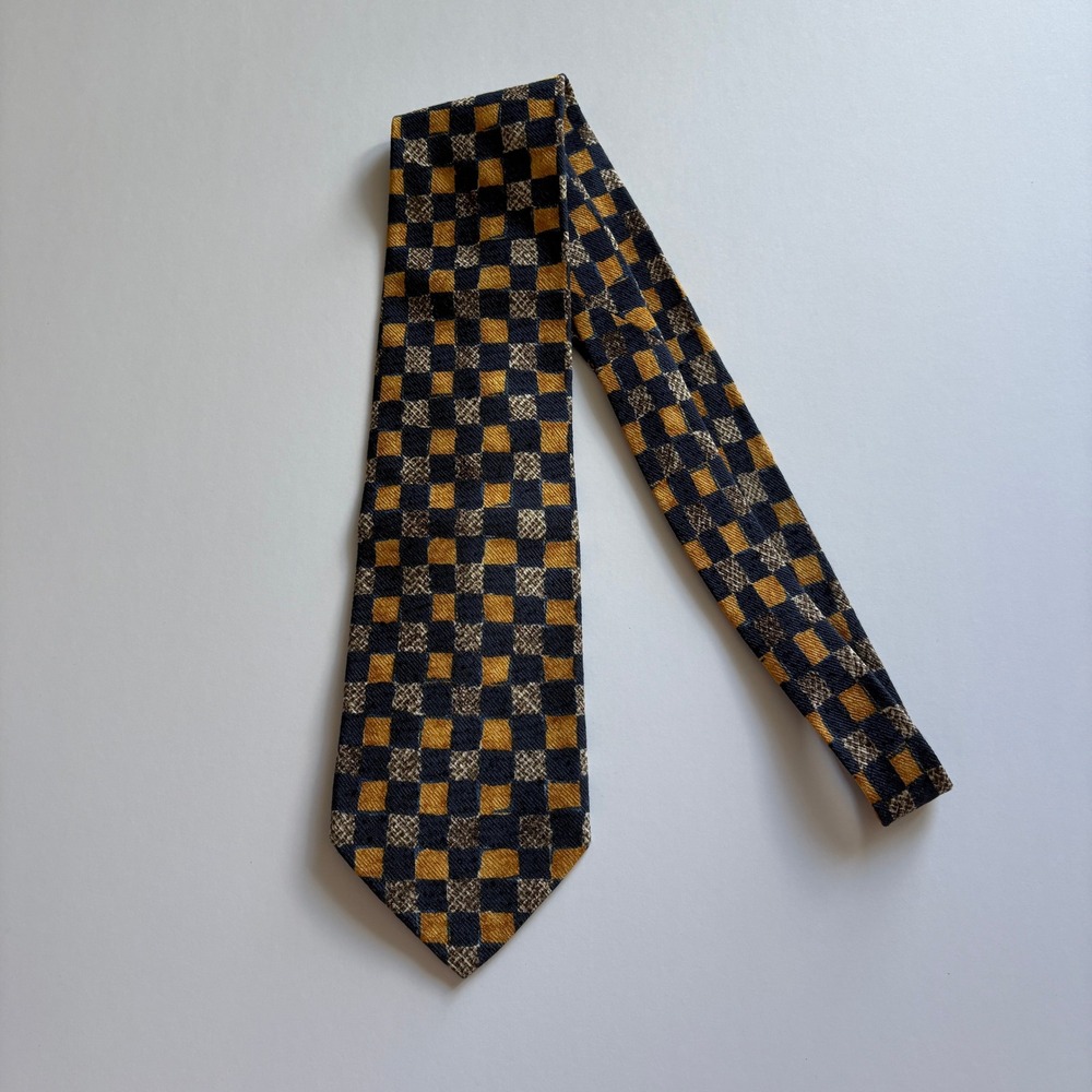 Ermenegildo Zegna 100% Silk Tie Navy Blue Mustard Yellow Checkered Pattern
